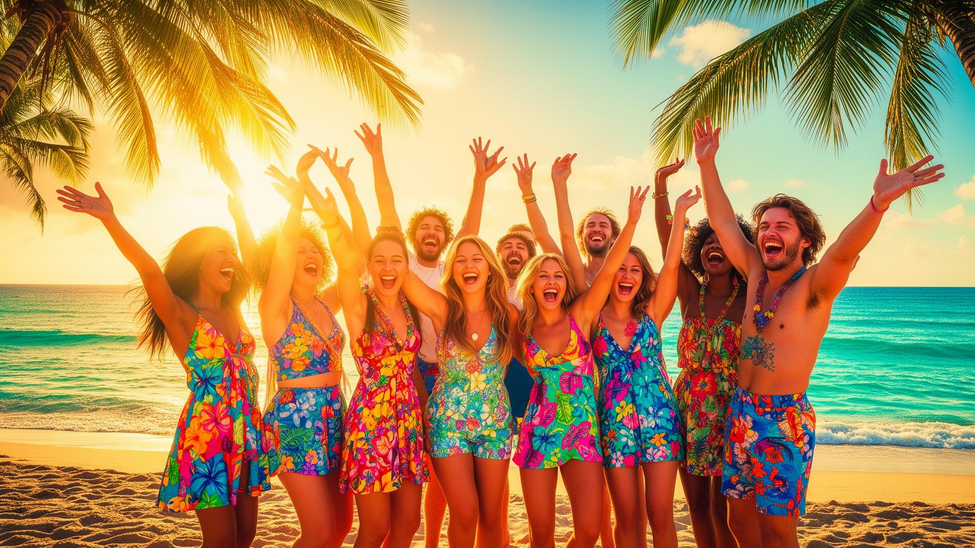 Happy travelers celebrating on a tropical beach at sunset